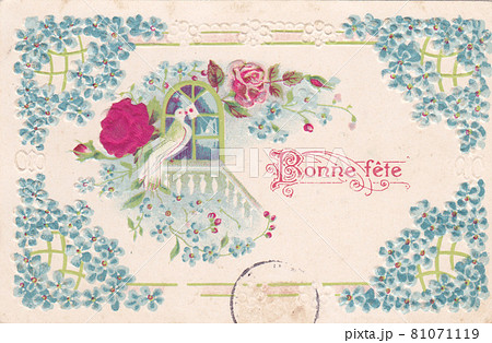 100年前のフランスの花と鳥のデザインのアンティークポストカードの