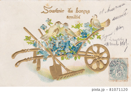 100年前のフランスの花と鳥のデザインのアンティークポストカードの