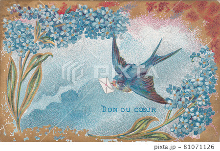 100年前のフランスの鳥が手紙を運ぶデザインのアンティークポスト