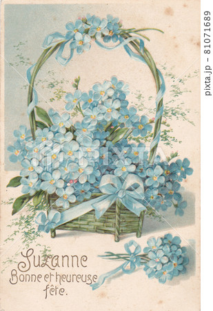 100年前のフランスのバスケットに入った花が描かれたアンティーク