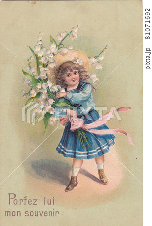100年前のフランスの花と少女が描かれたアンティークポストカードの