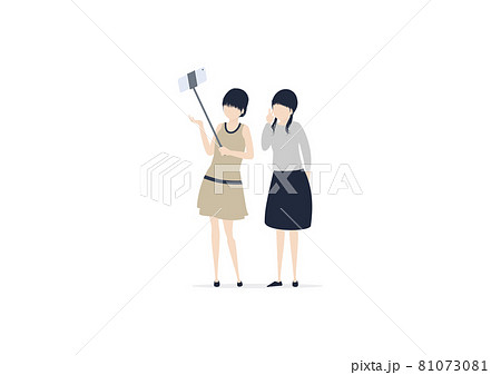 スマホカメラで自撮りする二人の若い女の子のイラスト素材のイラスト素材