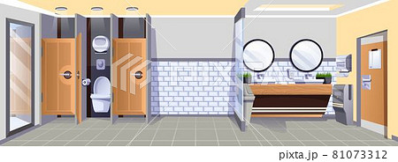 Public toilet interior design background. Modern restroom view vector illustration. WC room with sinks, taps, mirrors, toilets with doors, hand dryer, paper towels Public toilet interior design background. Modern restroom view vector illustration. WC room with sinks, taps, mirrors, toilets with doors, hand dryer, paper towels 81073312