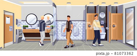 People in public toilet. Restroom for men vector illustration. WC room with sinks, mirrors, urinals, toilets with doors, hand dryer, paper towels. Modern indoor interior background People in public toilet. Restroom for men vector illustration. WC room with sinks, mirrors, urinals, toilets with doors, hand dryer, paper towels. Modern indoor interior background 81073362