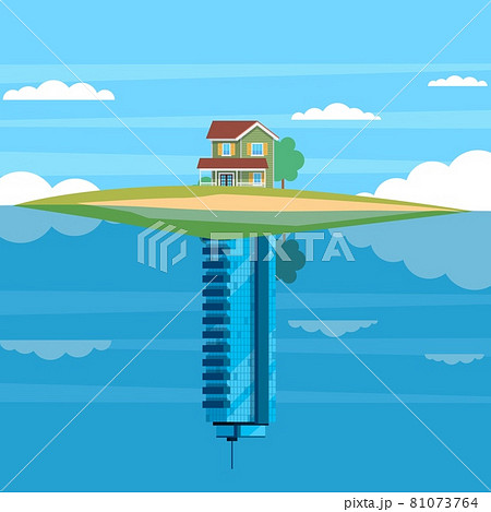 Alternative housing. Cottage or skyscraper. Landscape with small suburb house and multi-story downtown building. Real estate construction. Choice architecture structure. Vector concept 81073764
