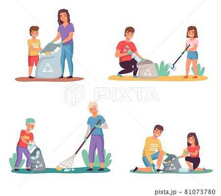 Kids with parents sort garbage. Clean up trash outdoor, lay out color containers, nature caring, environmental pollution. Volunteers teamwork caring nature. Vector cartoon isolated set Kids with parents sort garbage. Clean up trash outdoor, lay out color containers, nature caring, environmental pollution. Volunteers teamwork caring nature. Vector cartoon isolated set 81073780
