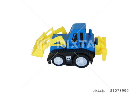 Selected focused on toy bulldozer isolated on white background. Made from eco-friendly plastic. Suitable for small children. Selected focused on toy bulldozer isolated on white background. Made from eco-friendly plastic. Suitable for small children. 81073996