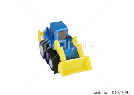 Selected focused on toy bulldozer isolated on white background. Made from eco-friendly plastic. Suitable for small children.  81073997