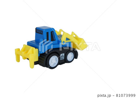 Selected focused on toy bulldozer isolated on white background. Made from eco-friendly plastic. Suitable for small children.  81073999