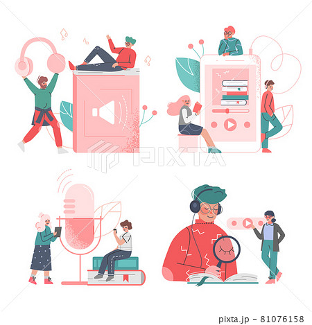 People Characters Listening To Podcast In のイラスト素材