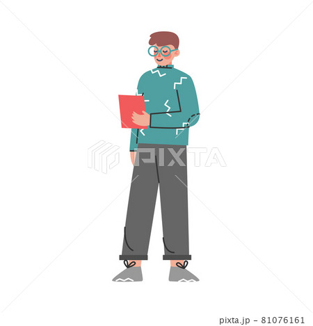Young Man in Glasses Standing with Tablet PC Listening to Podcast Vector Illustration 81076161