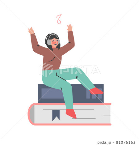 Podcast or Spoken Episodic Serie Listening with Woman Character in Headphones Sitting on Huge Book Vector Illustration Podcast or Spoken Episodic Serie Listening with Woman Character in Headphones Sitting on Huge Book Vector Illustration 81076163