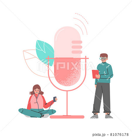 Podcast or Spoken Episodic Serie Listening with Man and Woman Character Near Huge Microphone Using Mobile Gadget Vector Illustration 81076178