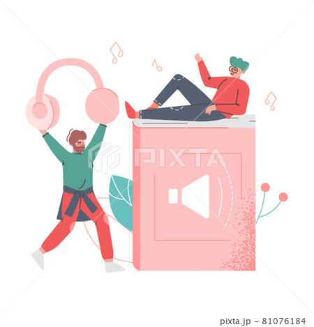Podcast or Spoken Episodic Serie Listening with Man Character Carrying Headphones and Lying on Huge Book Vector Illustration 81076184