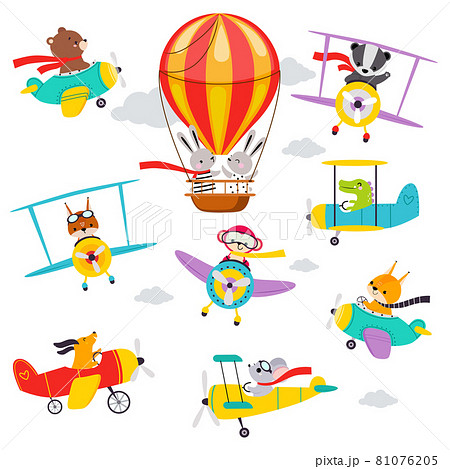 Cute Animals Flying on Airplane and Helicopter Vector Set 81076205