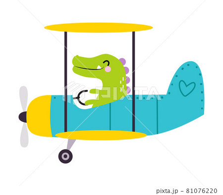 Cute Green Crocodile Flying on Airplane with Propeller Vector Illustration 81076220