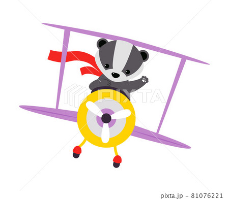 Cute Badger Animal with Fluttering Scarf Flying on Airplane with Propeller and Waving Paw Vector Illustration 81076221