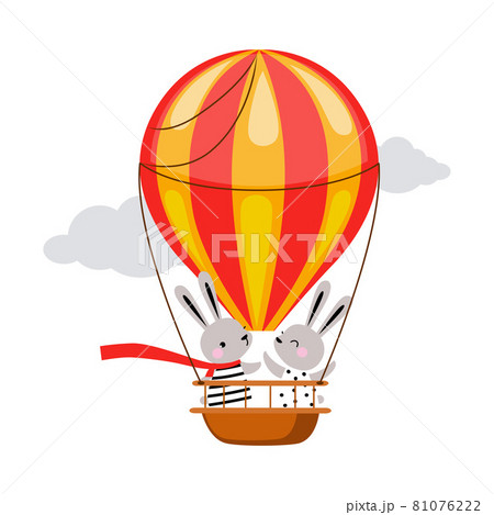 Cute Hare Animal with Fluttering Scarf Flying on Hot Air Balloon Vector Illustration 81076222