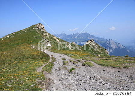 Hiking trail on a mountain ridge in the Pizol area, Switzerland. Hiking trail on a mountain ridge in the Pizol area, Switzerland. 81076364