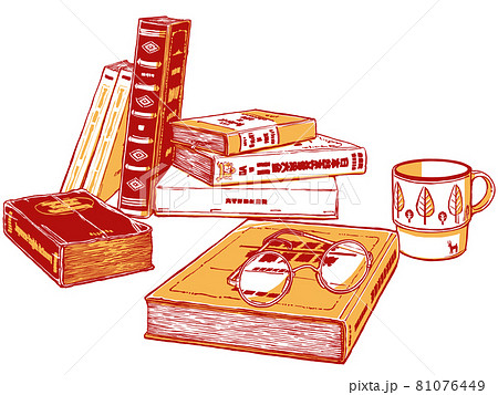 7冊の古めの本と使い込まれた和英辞典にクラシックな丸形眼鏡と北欧風のマグカップ 筆描き 2色塗りのイラスト素材