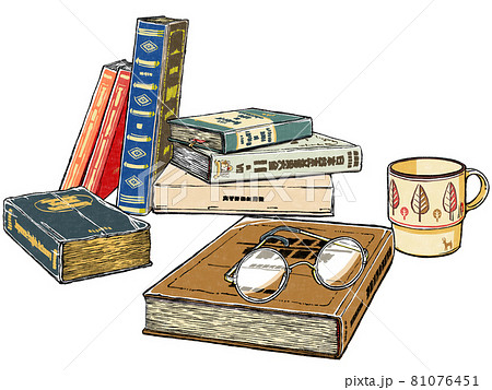 7冊の古めの本と使い込まれた和英辞典にクラシックな丸形眼鏡と北欧風のマグカップ 版画風 7冊の古めの本と使い込まれた和英辞典にクラシックな丸形眼鏡と北欧風のマグカップ 版画風 81076451