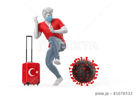 Tourist travelling to Turkey scared by the virus molecule. Pandemic concept. 3D Rendering Tourist travelling to Turkey scared by the virus molecule. Pandemic concept. 3D Rendering 81076532
