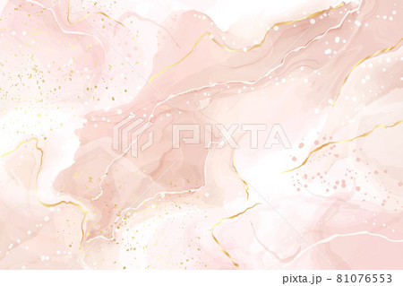 Abstract dusty rose blush liquid watercolor background with gold dots and lines. Pastel pink marble alcohol ink drawing effect, golden splash elements. Vector illustration of contemporary wallpaper 81076553