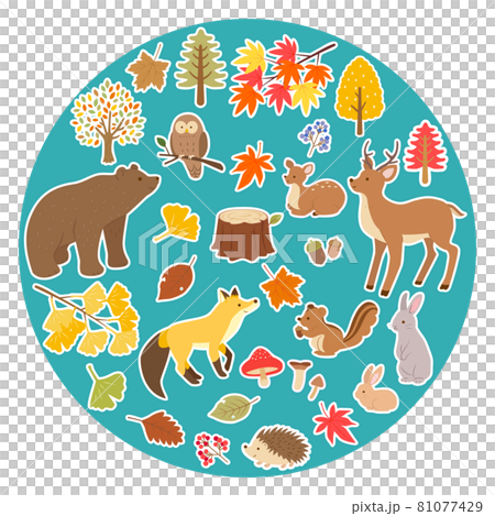 秋の森と動物たちのイラストセット　 81077429