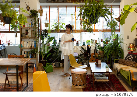 観葉植物のあるおしゃれな部屋で暮らす女性 81079276