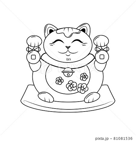 Fat smiling Japanese cat Maneki neko with bells is sitting on a pillow. A symbol of good luck and wealth. Contour illustration. Coloring book. Vector. 81081536