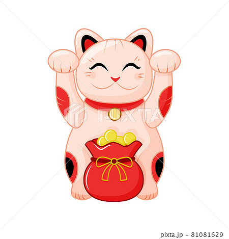 Japanese cat maneki Neko with raised paws and a bag of gold coins. Cute lucky cat. A symbol of wealth. Vector illustration. 81081629