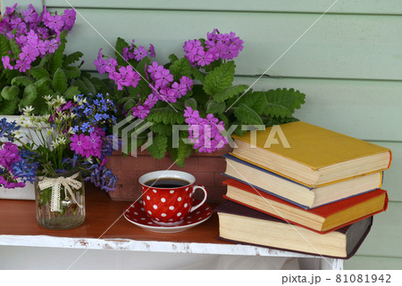 Still life with spring flowers in pot, cup of tea and books with colorful covers.  Vintage romantic concept outside in the garden 81081942