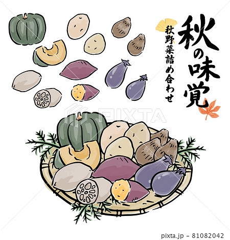 秋の味覚 旬の野菜の和風手描きベクターイラスト 筆文字セットのイラスト素材