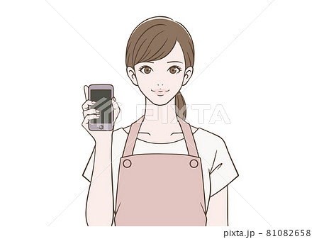 笑顔でスマートフォンを持つエプロン姿の女性のイラスト素材
