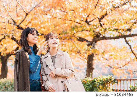 紅葉の季節に旅行をする女性二人 81084468
