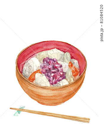 具のたくさん入った汁 箸付き【手描き水彩画】料理素材 白バック コピースペースあり 81084520