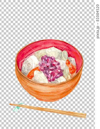 具のたくさん入った汁 箸付き【手描き水彩画】料理素材 白バック コピースペースあり 81084520