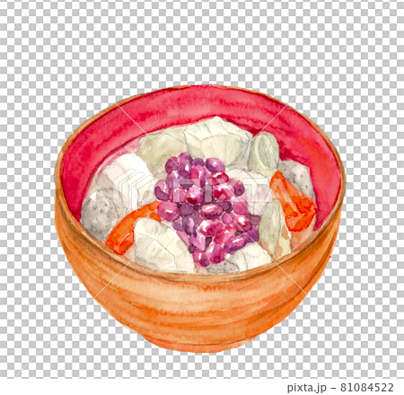 具のたくさん入った汁【手描き水彩画】料理素材 白バック コピースペースあり 81084522