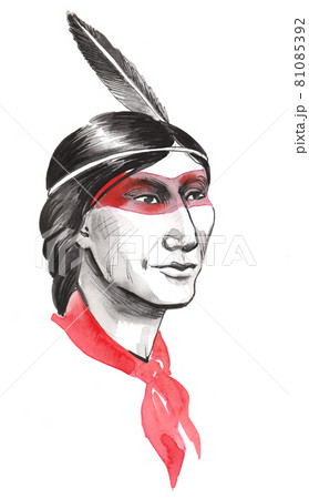 American Indian warrior. Ink and watercolor drawing 81085392