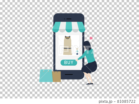 ネット通販サイトでスマホからポチる若い女性のイラスト素材 81085722