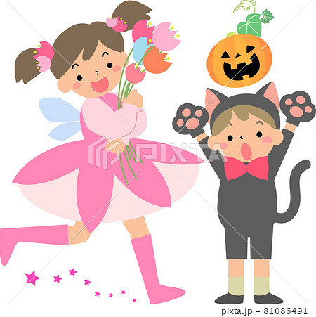 ハロウィンの仮装をした女の子と男の子のイラスト素材