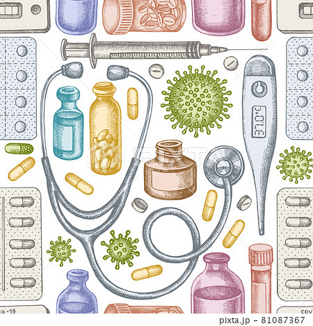 Seamless pattern with hand drawn pastel vial of blood, pills and medicines, medical thermometer 81087367