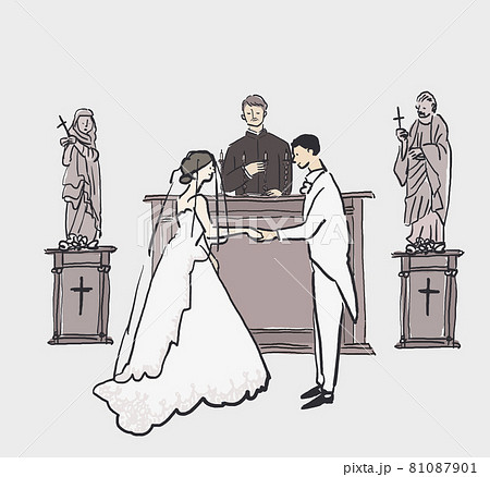 結婚式場で手を取り合う新郎新婦と神父 牧師 司祭 ウエディング 結婚式 像のイラスト素材