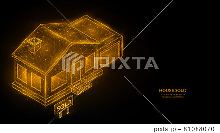 The house is sold. Real estate concept. Polygonal illustration of a house with a garage on a black background. 81088070