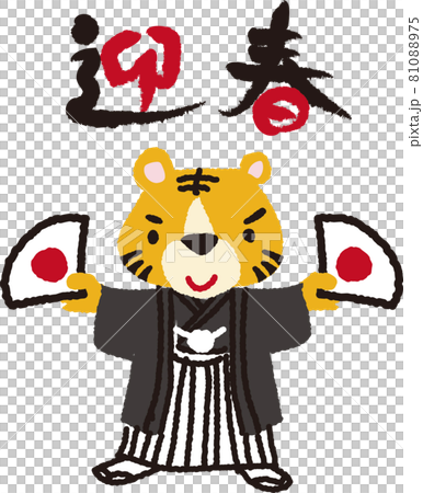 賀年片素材 身穿和服的老虎拿著折扇的插畫 81088975