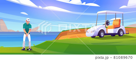Golf course on lake shore with man and cart Golf course on lake shore with man and cart 81089670
