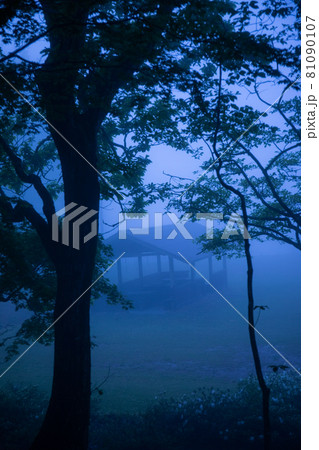 早朝の霧が出ているキャンプ場 81090107