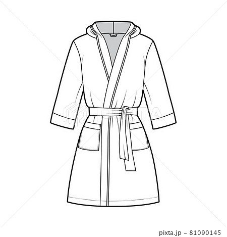 Bathrobe hooded Dressing gown technical fashion illustration with wrap opening, mini length, tie, pocket, elbow sleeves Bathrobe hooded Dressing gown technical fashion illustration with wrap opening, mini length, tie, pocket, elbow sleeves 81090145