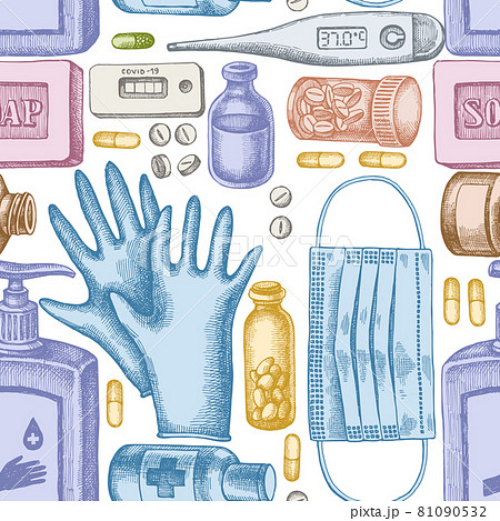 Seamless pattern with hand drawn pastel pills and medicines, medical face mask, sanitizer bottles 81090532