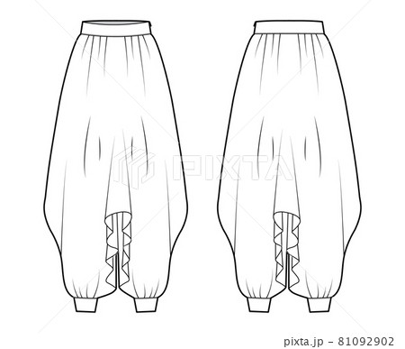 Pants sarouel technical fashion illustration with normal draped waist, high rise, pleats, wide legs, length, oversized Pants sarouel technical fashion illustration with normal draped waist, high rise, pleats, wide legs, length, oversized 81092902